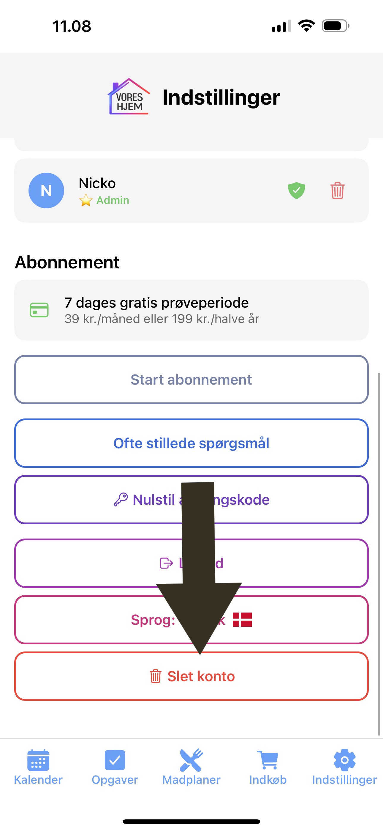 Tryk på Slet konto