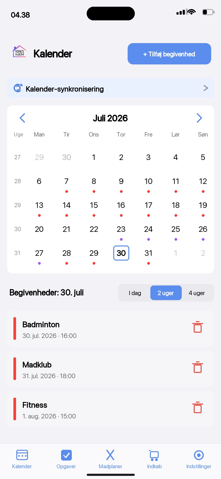 Kalender-synkronisering i Vores Hjem